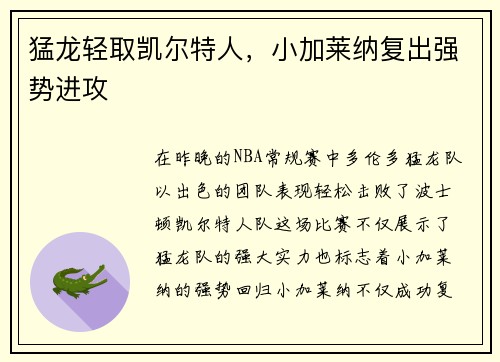 猛龙轻取凯尔特人，小加莱纳复出强势进攻