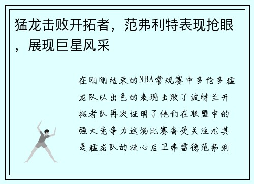 猛龙击败开拓者，范弗利特表现抢眼，展现巨星风采