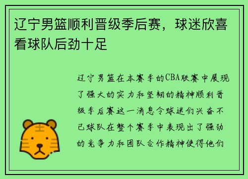 辽宁男篮顺利晋级季后赛，球迷欣喜看球队后劲十足